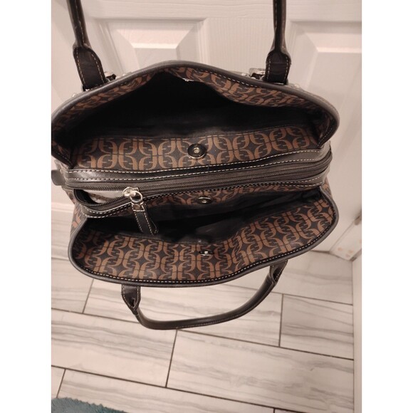 FOSSIL Signature Jacquard‎ Black Brown Leather Trim Satchel Purse - Picture 3 of 6